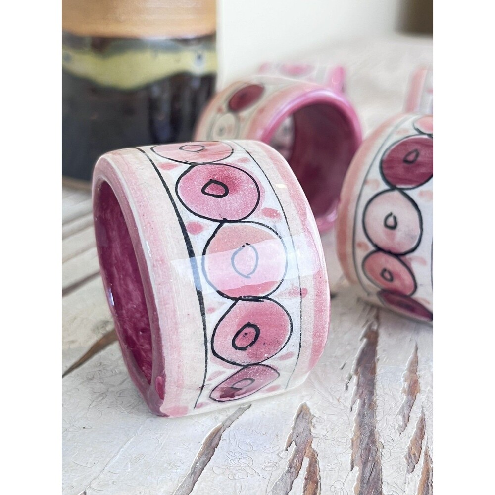 Vintage Hand Painted Rose Pink Cream White Glazed Napkin Rings (6) ITALY Dining